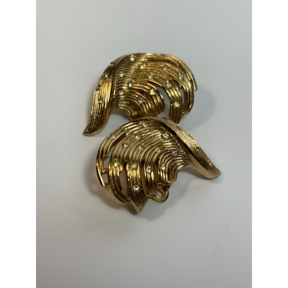 Earrings Statement Pieces Vintage Elegant Gold Tone Rhinestone Feather